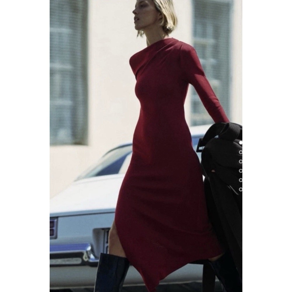 ZARA Burgundy Asymmetrical Midi Dress S Long Sleeve Bodycon Chic - Picture 3 of 9